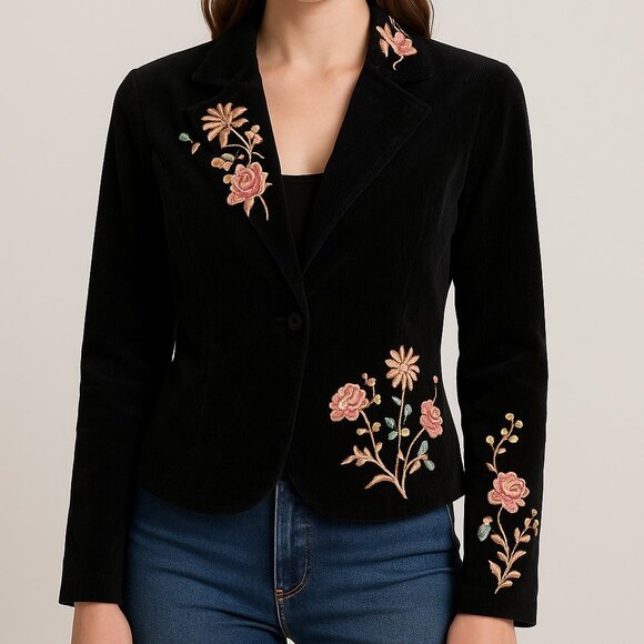 Bisou Bisou Black Small Wale Floral Embroidered Corduroy Jacket Womens Large - Picture 9 of 10